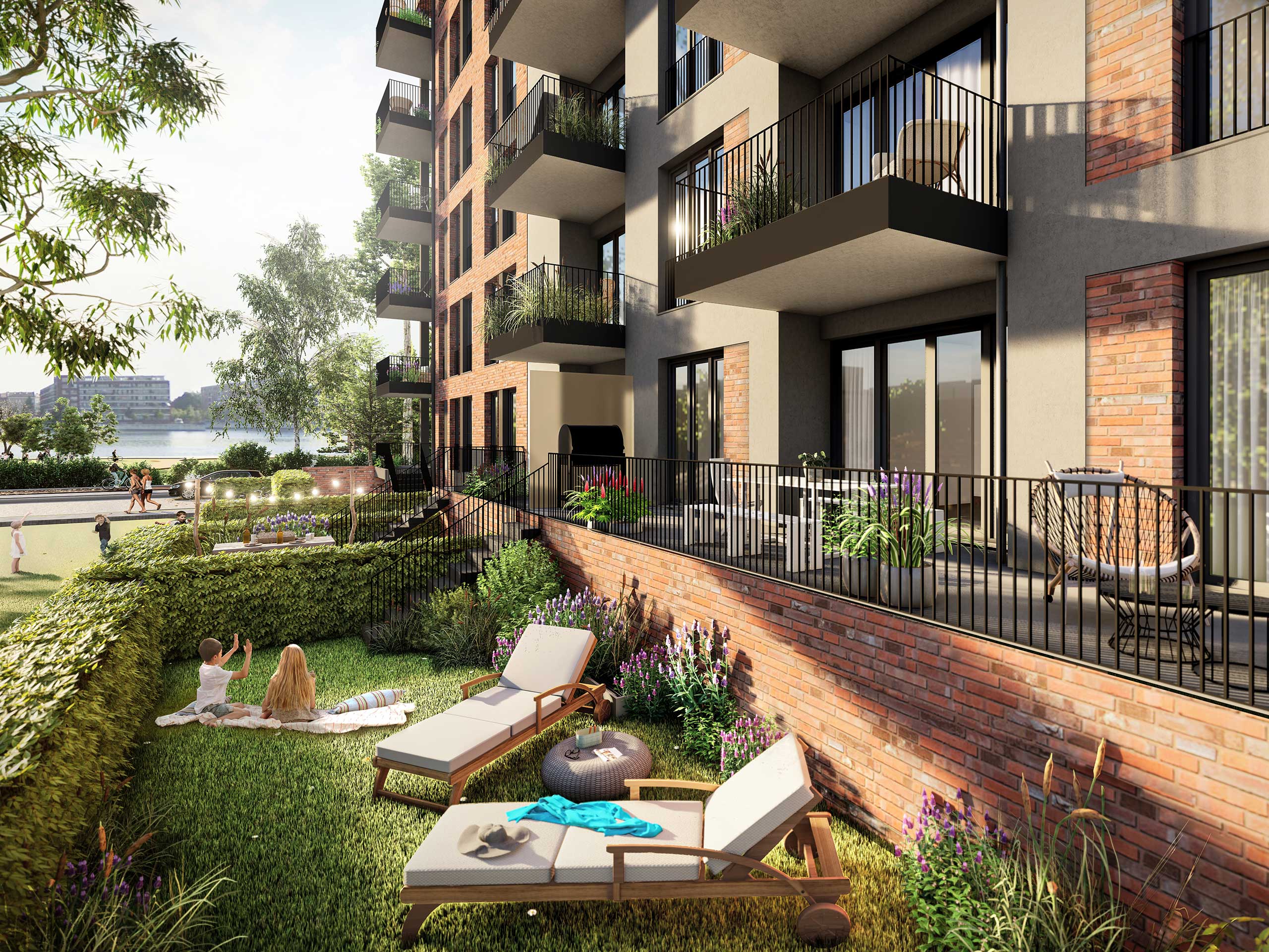 Rendering der Balkonaussicht des Immobilienprojekts Fischzug